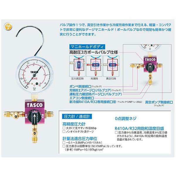 イチネンTASCO TA122G R410A R32ボールバルブ式ゲージマニホールド - 1